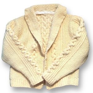 Vintage Hand Knit Cardigan Sweater Cropped Oatmeal Cable Knit Exaggerated Collar